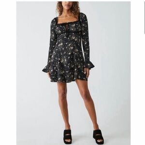 Free People Tess Black Floral Long Sleeve Mini Dress Size Small S